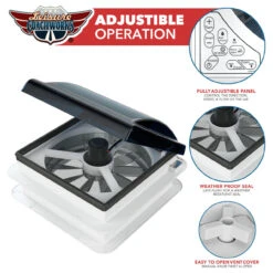 14" X 14" RV Roof Vent 2-Way 5 Speed Fan With Powered Riser Rain Sensor Remote And Smoked Lid -RV accessories leisure coachworks 14 x 14 rv roof vent 2 way 5 speed fan with powered riser rain sensor remote and smoked lid 42471.1673315575