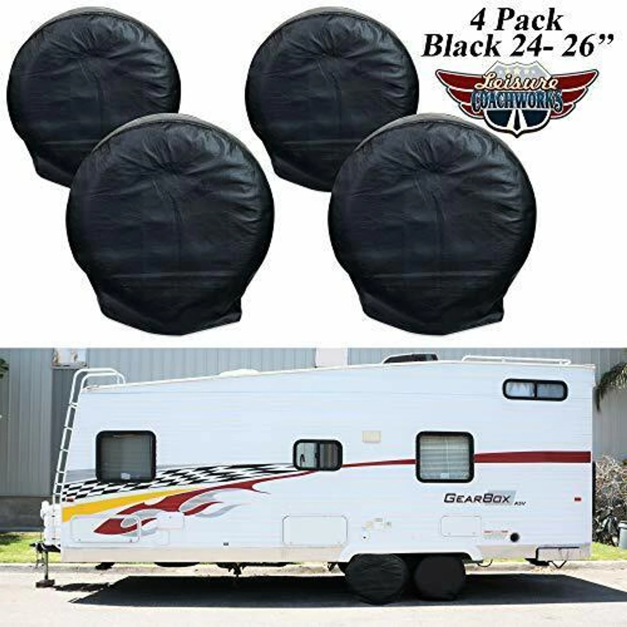 Leisure Coachworks Tire Covers For RV Wheel Set Of 4 Motorhome Black Wheel Covers Waterproof Soft Vinyl Tire Protectors Tire Covers Fits 24" -26" 3 Leisure Coachworks Tire Covers For RV Wheel Set Of 4 Motorhome Black Wheel Covers Waterproof Soft Vinyl Tire Protectors Tire Covers Fits 24" -26"