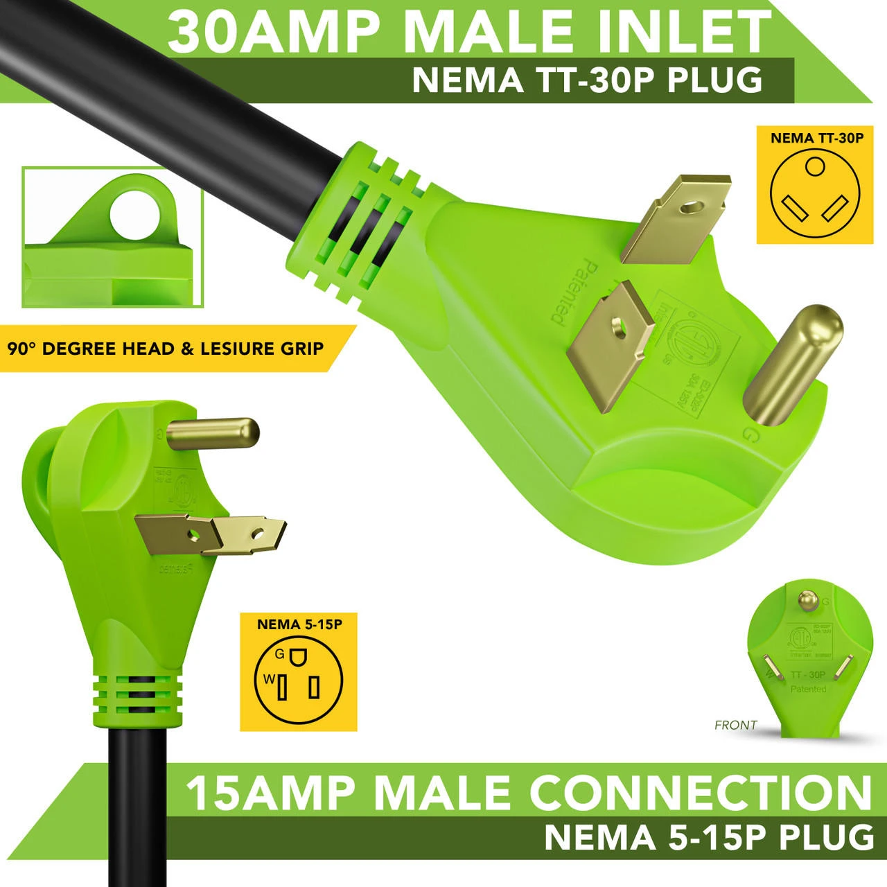 Leisure Cords 24'' RV Y Adapter Cord 30 Amp Male Plug To Two 15 Amp Female 2.5 Feet With Handle (30A Male To 2-15A Female) 6 Leisure Cords 24'' RV Y Adapter Cord 30 Amp Male Plug To Two 15 Amp Female 2.5 Feet With Handle (30A Male To 2-15A Female) - Image 4