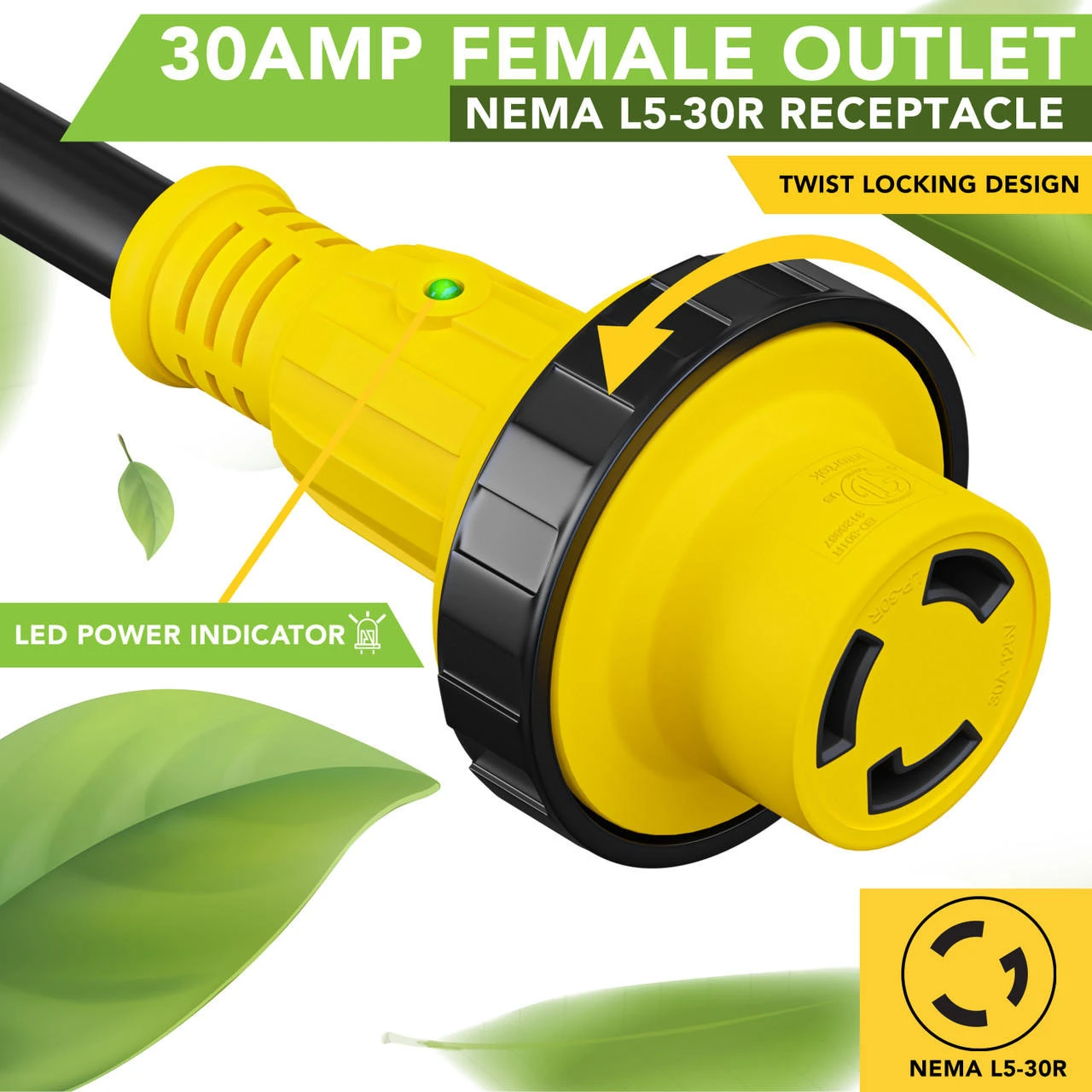Power Cord Plug Adapter 30 Amp Male To 30 Amp Twist To Lock Female 12" RV Electrical Converter Cord Cable With LED Indicator Light 6 Power Cord Plug Adapter 30 Amp Male To 30 Amp Twist To Lock Female 12" RV Electrical Converter Cord Cable With LED Indicator Light - Image 4
