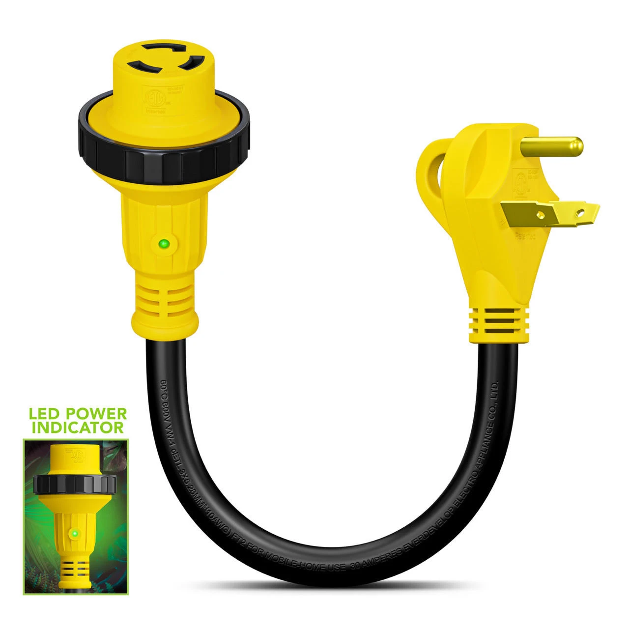 Power Cord Plug Adapter 30 Amp Male To 30 Amp Twist To Lock Female 12" RV Electrical Converter Cord Cable With LED Indicator Light 9 Power Cord Plug Adapter 30 Amp Male To 30 Amp Twist To Lock Female 12" RV Electrical Converter Cord Cable With LED Indicator Light - Image 7