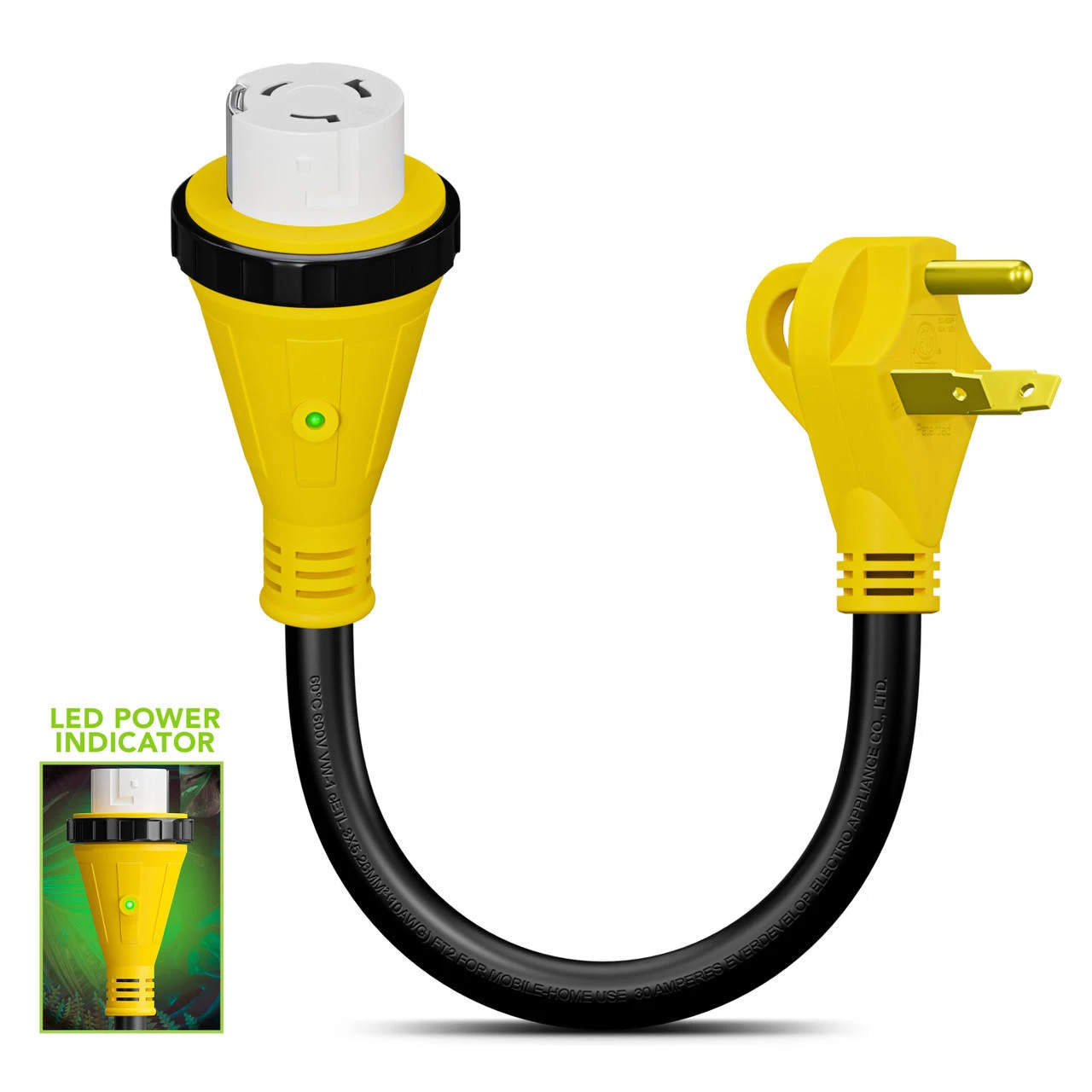 Power Cord Plug Adapter 30 Amp Male To 50 Amp Twist To Lock Female 12" RV Electrical Converter Cord Cable With LED Indicator Light 9 Power Cord Plug Adapter 30 Amp Male To 50 Amp Twist To Lock Female 12" RV Electrical Converter Cord Cable With LED Indicator Light - Image 7