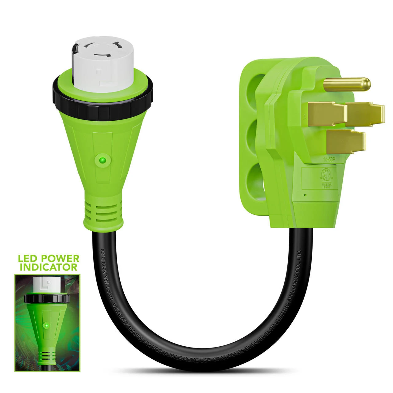 Power Cord Plug Adapter 50 Amp Male To 50 Amp Twist To Lock Female 12" RV Electrical Converter Cord Cable With LED Indicator Light 9 Power Cord Plug Adapter 50 Amp Male To 50 Amp Twist To Lock Female 12" RV Electrical Converter Cord Cable With LED Indicator Light - Image 7