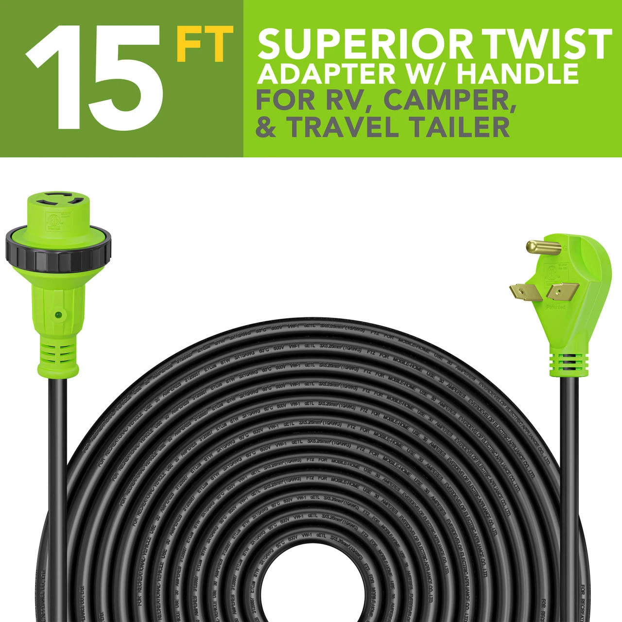 Twist Lock RV 30 Amp Power Cord With LED Power Indictor - 30 Amp Male To 30 Amp Female Locking Plug 15 Foot 4 Twist Lock RV 30 Amp Power Cord With LED Power Indictor - 30 Amp Male To 30 Amp Female Locking Plug 15 Foot - Image 2