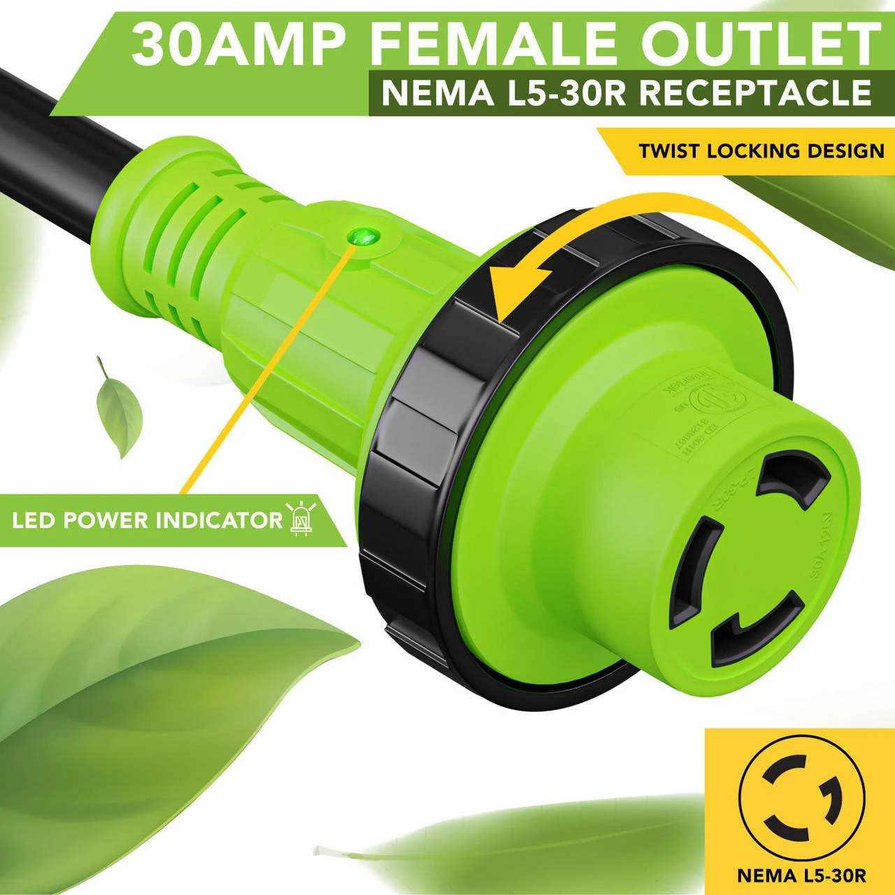 Twist Lock RV 30 Amp Power Cord With LED Power Indictor - 30 Amp Male To 30 Amp Female Locking Plug 25 Foot 5 Twist Lock RV 30 Amp Power Cord With LED Power Indictor - 30 Amp Male To 30 Amp Female Locking Plug 25 Foot - Image 3